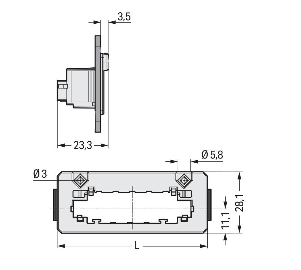 Technische Zeichnung eines Verbinders mit Maßangaben. Seitenansicht mit einer Tiefe von 3,5 mm, Draufsicht mit einer Breite von 23,3 mm und Frontansicht mit einer Höhe von 11,1 mm.