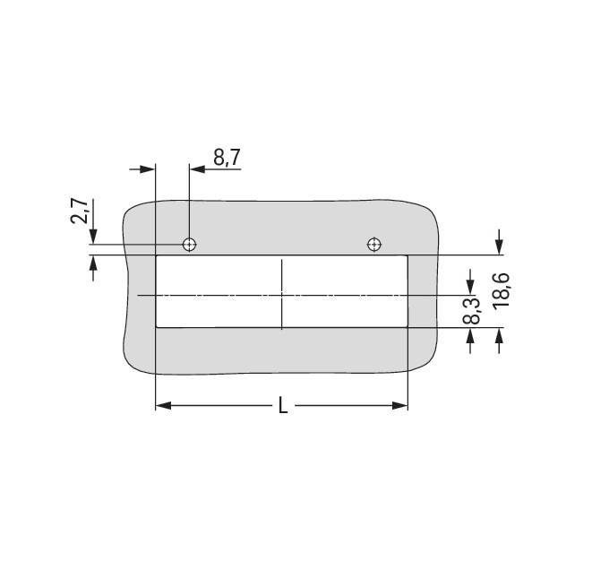 Diagramm einer rechteckigen Platte mit beschrifteten Abmessungen. Breite ist 18,6, Höhe ist 8,3 mit Schraubenlöchern oben, die 8,7 voneinander entfernt sind, Seitenrand ist 2,7. Länge bezeichnet als 'L'.