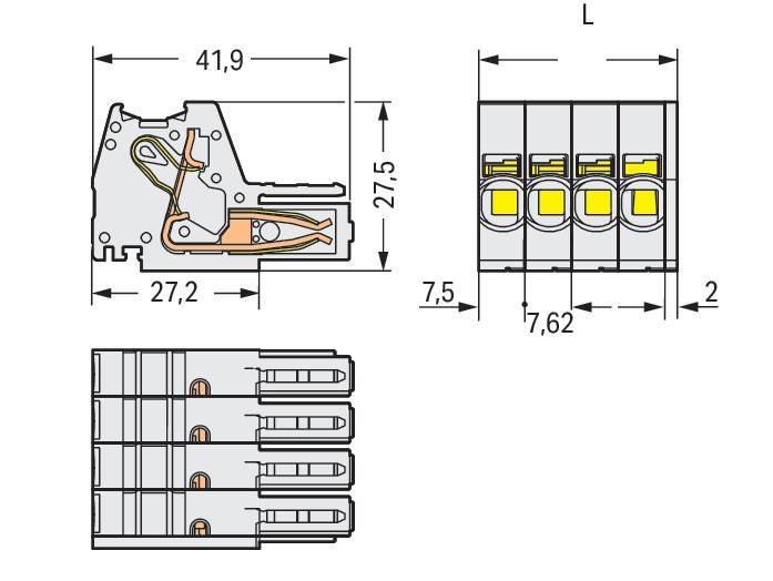 Diagramm mit Querschnitts- und Frontansicht eines elektrischen Klemmenblockes mit Maßangaben: 41,9 mm Breite, 27,5 mm Höhe.