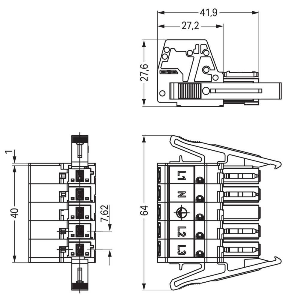 Technische Zeichnung eines elektrischen Verbindungsstücks mit vier Anschlüssen. Die Abmessungen umfassen: Breite 41,9 mm, Höhe 64 mm und Detail 27,2 mm. Die Anschlüsse sind mit 'L1', 'N', 'L2', 'L3' beschriftet.