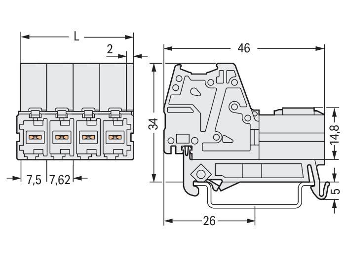 Schematische Darstellung eines elektrischen Anschlussklemmenblocks mit Dimensionen: 46 mm Höhe, 34 mm Breite, 26 mm Tiefe. Wichtige Merkmale hervorgehoben.