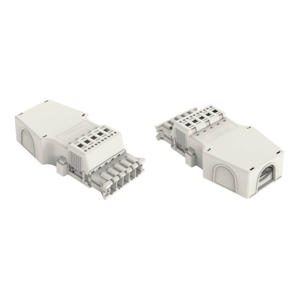 Zwei Ansichten eines weißen rechteckigen Elektrosteckergehäuses mit mehreren Anschlussöffnungen und einem seitlichen Kabeleinführungsanschluss auf einfachem Hintergrund.
