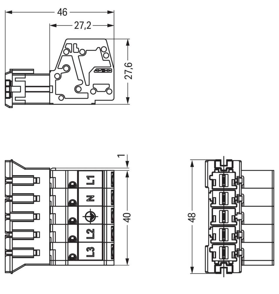 Technische Zeichnung eines elektrischen Reihenklemmenblocks. Abmessungen: 46 mm Breite, 27,2 mm Höhe, 40 mm Tiefe. Beschriftet mit L1, L2, L3, N.