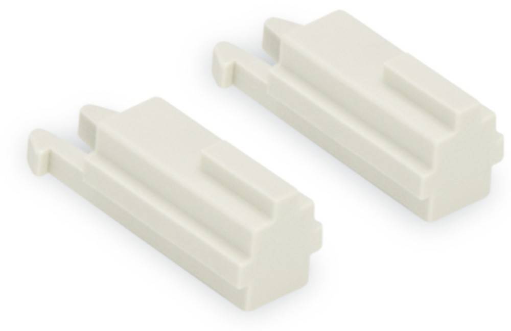 Zwei minimalistische, weiße, L-förmige Wandhaken mit gerillten Kanten, zum Montieren oder Aufhängen von Gegenständen.
