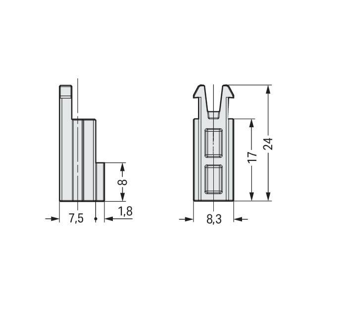 Technische Zeichnung eines Metallprofils mit Seiten- und Frontansichten. Abmessungen: 7,5 mm Breite, 8 mm Höhe an einer Seite; 8,3 mm Breite, 24 mm Höhe an der anderen Seite.