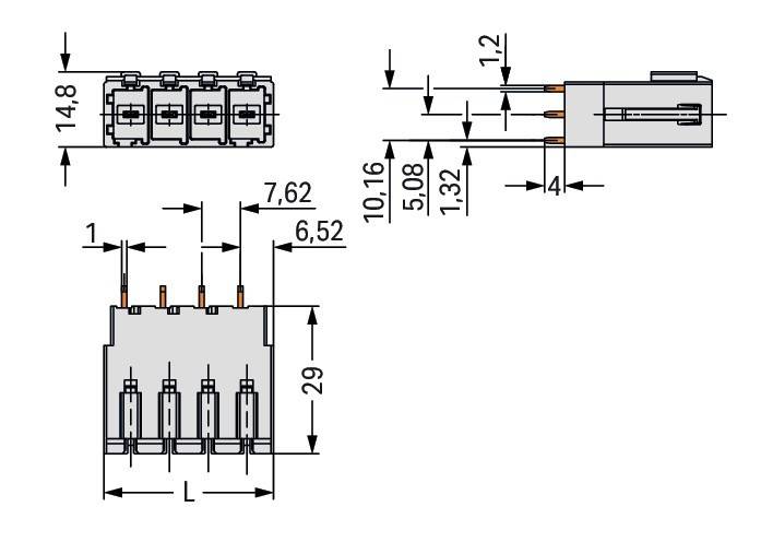Diagramm eines elektrischen Anschlusses mit Abmessungen: Breite 7,62 mm, Höhe 29 mm und verschiedenen, in Millimetern beschrifteten Abständen zwischen den Pins.