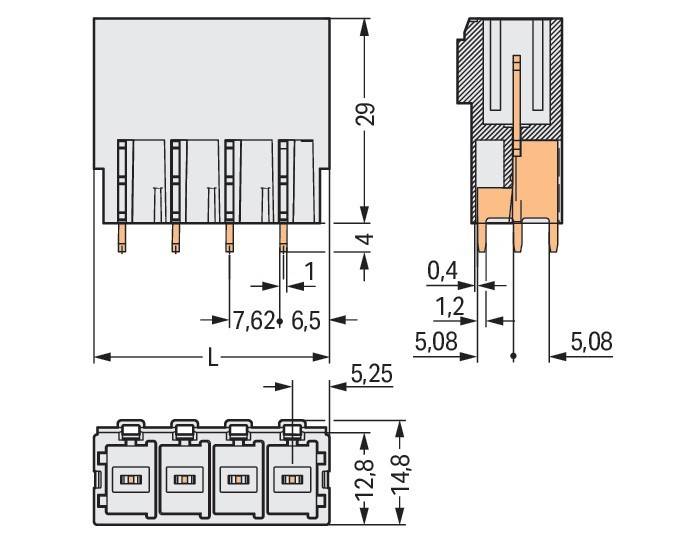 Technische Zeichnung mit Abmessungen und Querschnittsansicht eines Mehrfachanschluss-Elektroniksteckers. Schlüsselmaße: Breite 7,62 mm, Höhe 29 mm, Tiefe 14,8 mm.