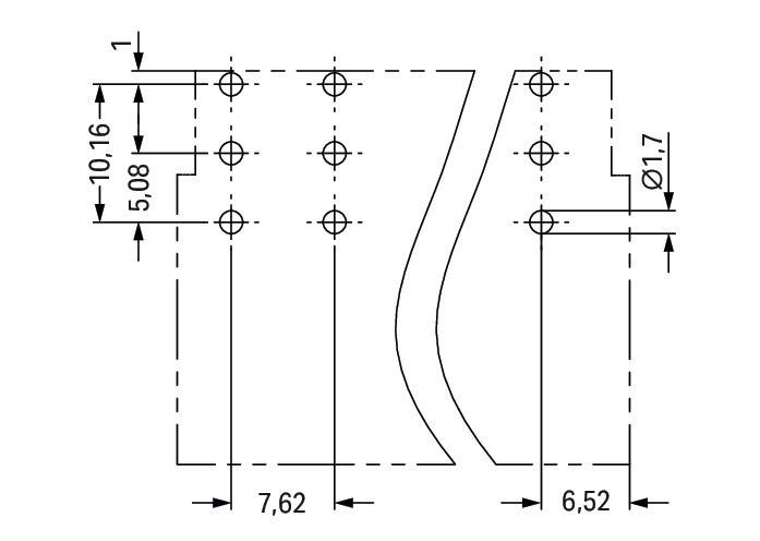 Technische Zeichnung zur Darstellung der Abmessungen eines Leiterplattendesigns, einschließlich Lochanordnungen und Abstände. Schlüsselmessungen sind 5,08 mm und 7,62 mm.