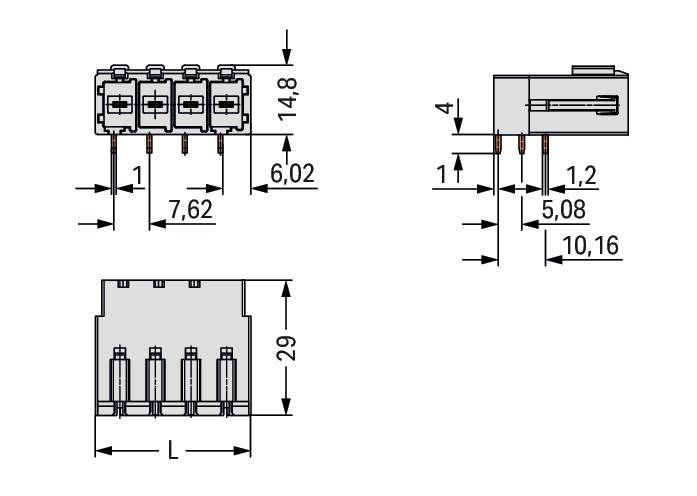 Technische Zeichnung einer elektrischen Komponente mit mehreren Ansichten, die Abmessungen angeben: 14,8 mm Höhe, 7,62 mm Breite, 6,02 mm Tiefe.