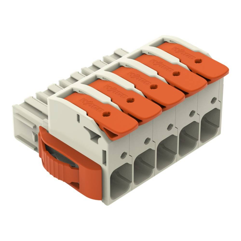 Fünf-Positionen Hebelklemme für elektrische Verkabelung, mit orangefarbenen Hebeln und einem weißen Gehäuse, zur einfachen Drahtverbindung.