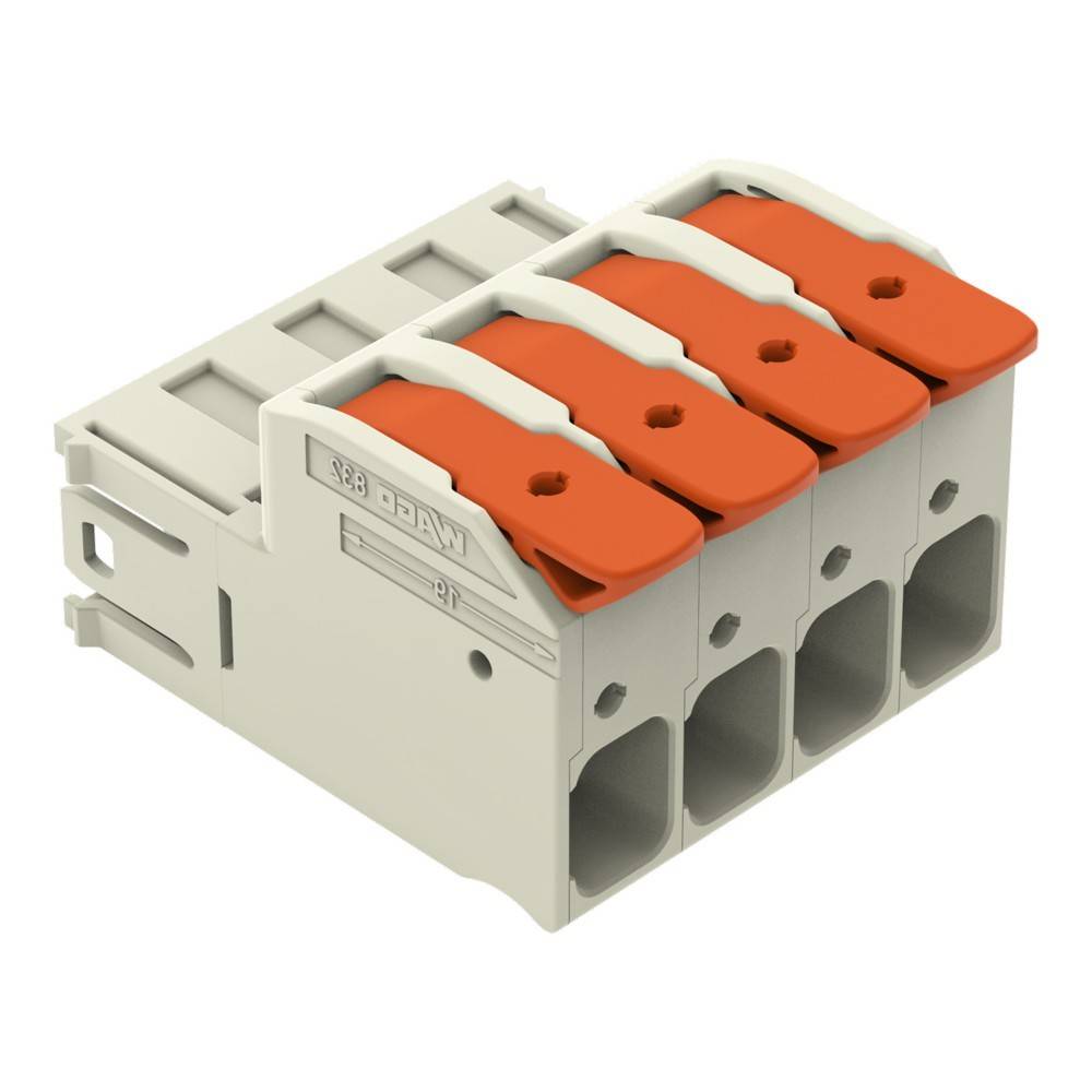Ein vierpoliger elektrischer Terminalblock mit orangefarbenen Hebeln an der Oberseite für sichere Drahtverbindung. Hergestellt aus weißem Kunststoff.