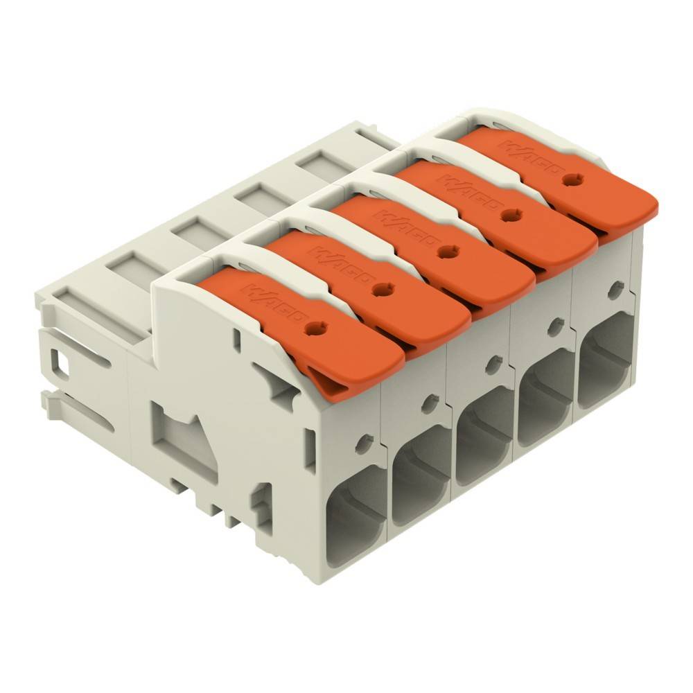 Fünf-Slot elektrischer Anschluss mit grauem Gehäuse und orangefarbenen Hebeln, entwickelt zum Sichern von Drähten an ihrem Platz.