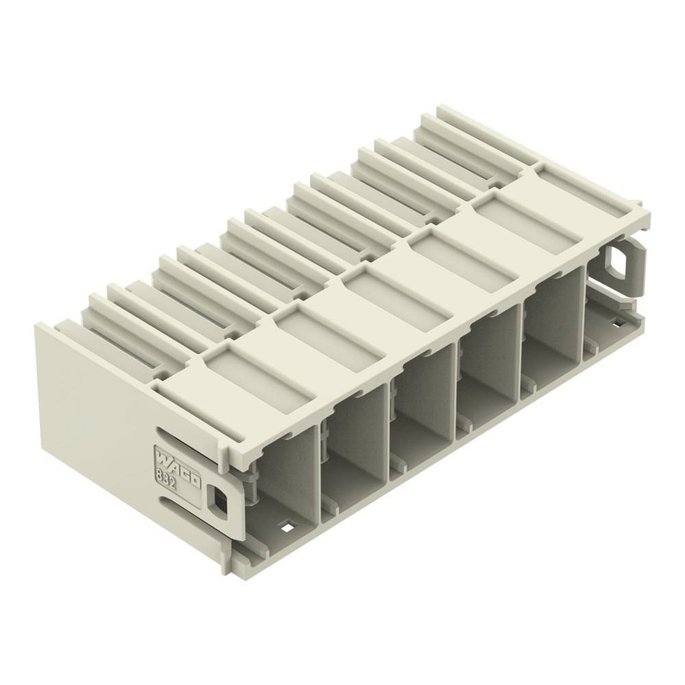 Ein hellgrauer, rechteckiger elektrischer Anschlussblock mit mehreren Anschlussschlitzen und geprägtem Text, der zur Kabelführung in elektrischen Verteilerkästen verwendet wird.