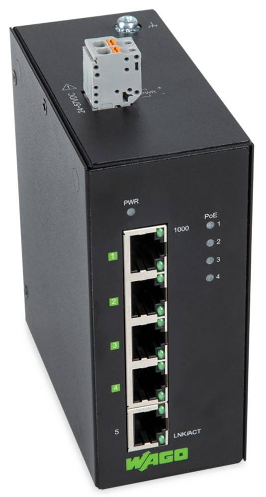 Ein Netzwerk-Switch mit vier Ethernet-Ports, von 1 bis 4 beschriftet, mit Anzeige-LEDs für Stromversorgung und PoE (Power over Ethernet) Status.