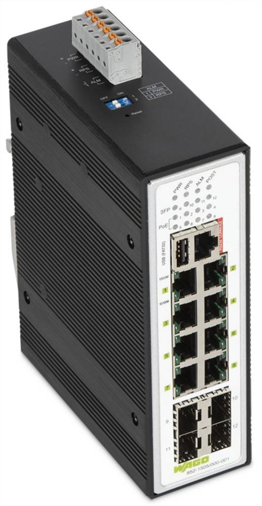 Industrieller Ethernet-Switch mit mehreren Anschlüssen und Anzeigelampen auf einem schwarzen Gehäuse für Netzwerkverbindungen in industriellen Umgebungen.