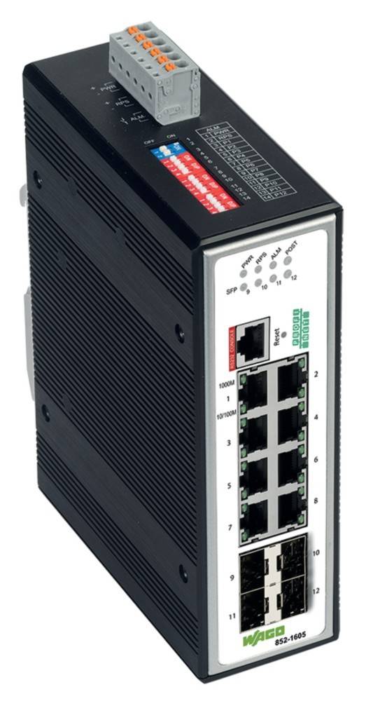 Ein Ethernet-Switch mit acht Anschlüssen und LED-Anzeigen für Stromversorgung, Alarm und Fehlerstatus. Beschriftungen zeigen Netzwerkgeschwindigkeit: 10/100/1000 Mbps.