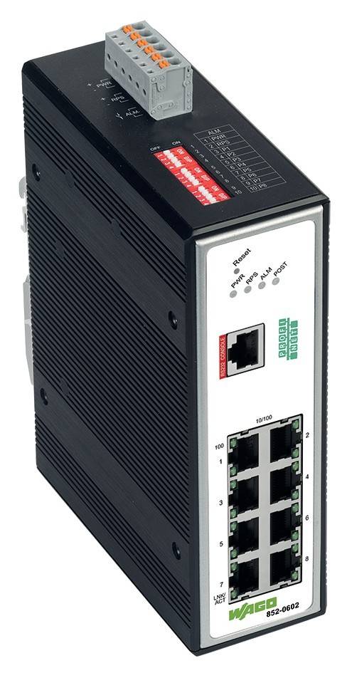 Netzwerk-Switch-Gerät mit fünf Ethernet-Ports, LED-Anzeigen für Energie, Alarm und Boost-Funktionen sowie einem Rückstellknopf an der Seite.
