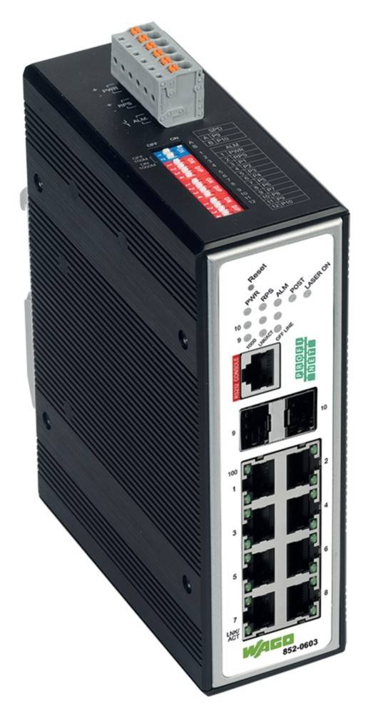 Ein schwarzer industrieller Ethernet-Switch mit 10 Anschlüssen, LED-Anzeigen, einem Reset-Knopf und einer roten Konfigurationsbeschriftung auf der Oberseite.