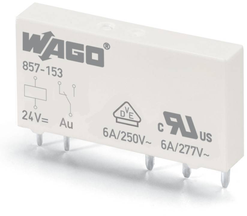 Ein weißes elektronisches Relais mit der Aufschrift 'WAGO 857-153', das die Spezifikationen '24V=' und '6A/250V~ 6A/277V~' sowie Zertifizierungszeichen zeigt.