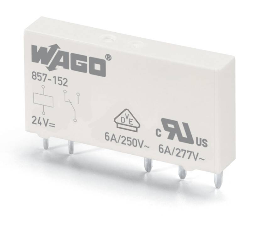 Relaiskomponente mit der Bezeichnung 'WAGO 857-152', mit elektrischen Spezifikationen: 24V DC, 6A/250V~, 6A/277V~. Enthält Zertifizierungszeichen.