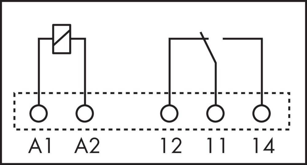 Elektrisches Diagramm, das zwei Anschlüsse mit den Bezeichnungen ‚A2', ‚12' und ‚11' zeigt, die jeweils mit Leitungen verbunden sind, die eine gestrichelte Linie kreuzen.
