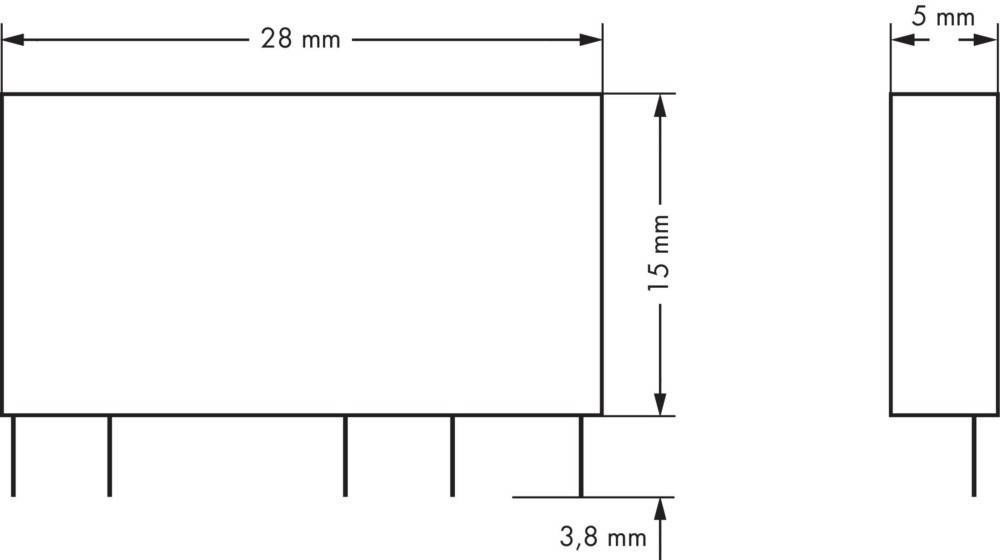 Eine technische Zeichnung eines rechteckigen Objekts mit Abmessungen: 28 mm Breite und 15 mm Höhe. Eine 3,8 mm breite Lücke befindet sich am unteren Zentrum.
