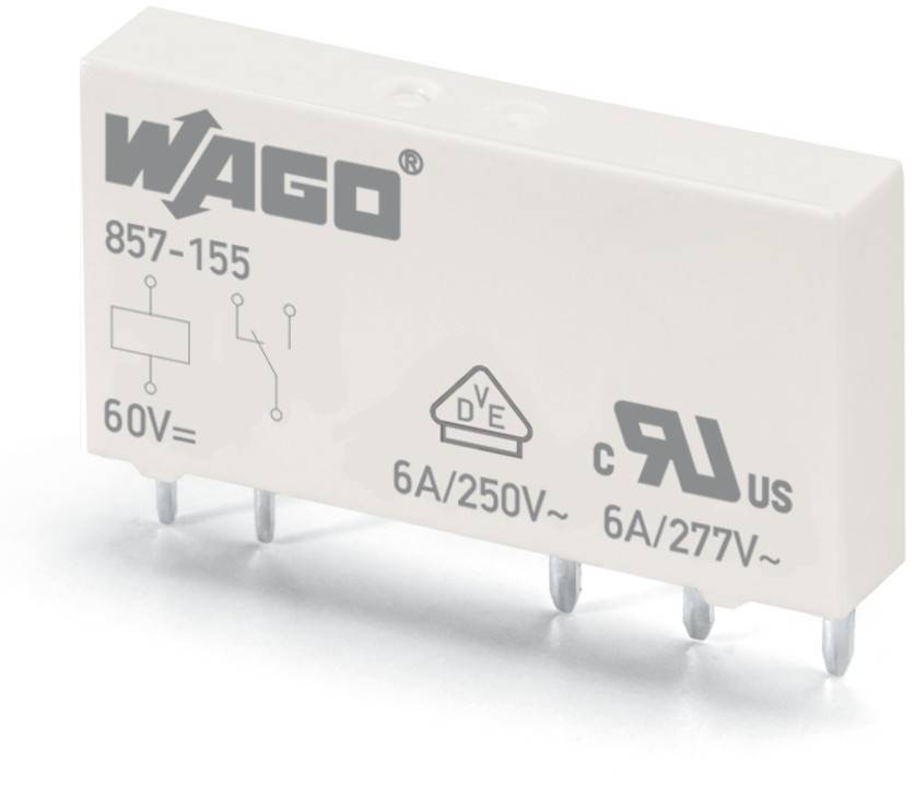 WAGO 857-155 Relais-Diagramm mit technischen Spezifikationen: 60V, 6A/250V, 6A/277V, C-UR und US-Zertifizierungen.