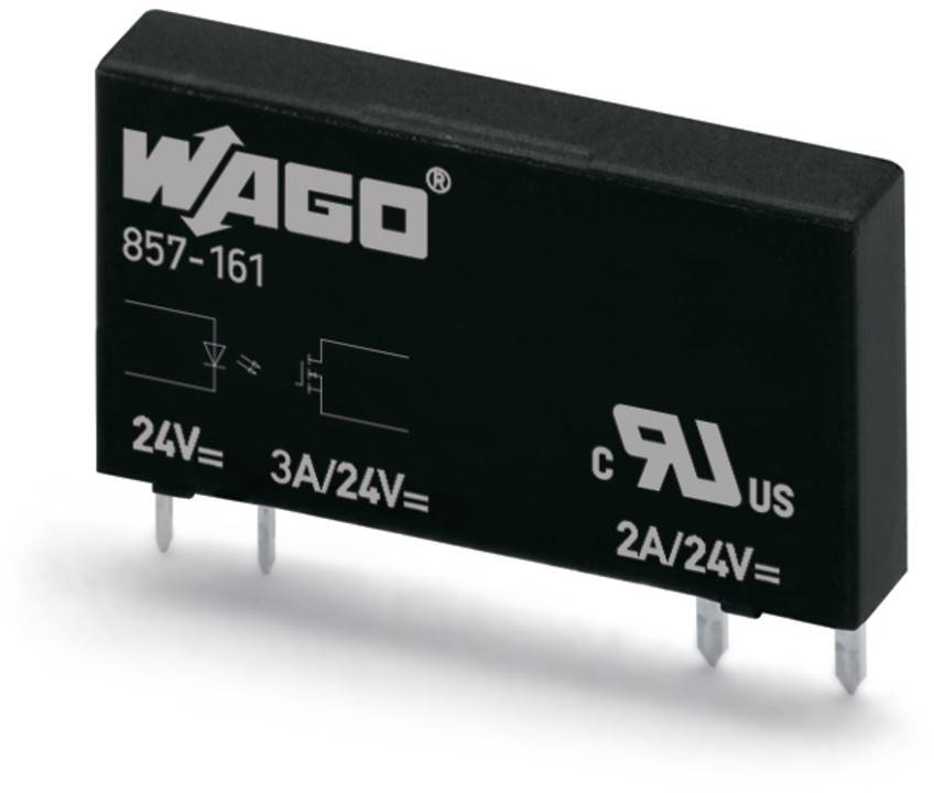 WAGO 857-161 Relais mit sichtbarem Anschlussdiagramm, zeigt elektrische Spezifikationen: 24V für Spule, 3A/24V für Kontakte, 2A/24V Nennlast.