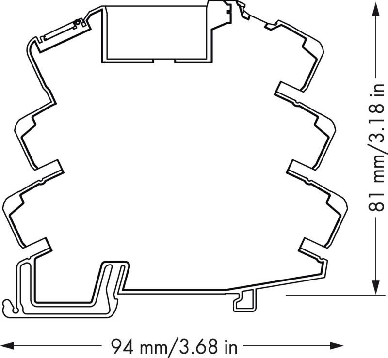 Technische Strichzeichnung eines gezackten Maschinenteilprofils mit Abmessungen: 94 mm (3,68 Zoll) breit und 81 mm (3,18 Zoll) hoch.