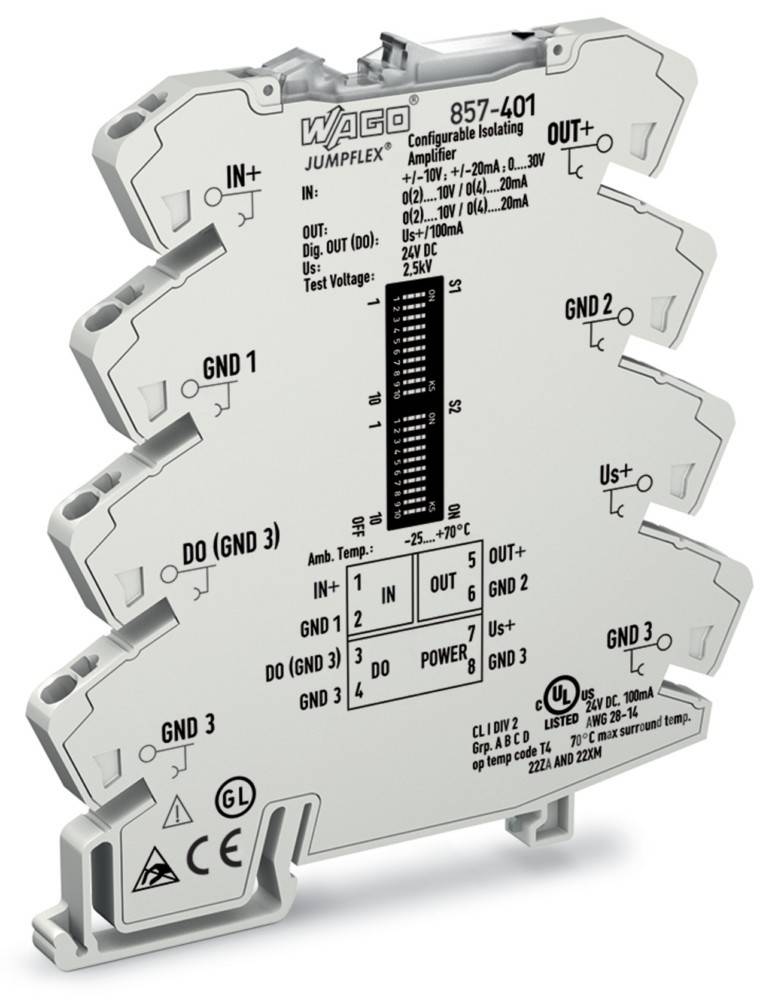 Elektronische Komponente mit der Bezeichnung 'WAGO JUMPFLEX' mit Anschlüssen und Spezifikationen für einen konfigurierbaren Isolationsverstärker, verwendet zur Signalumwandlung.
