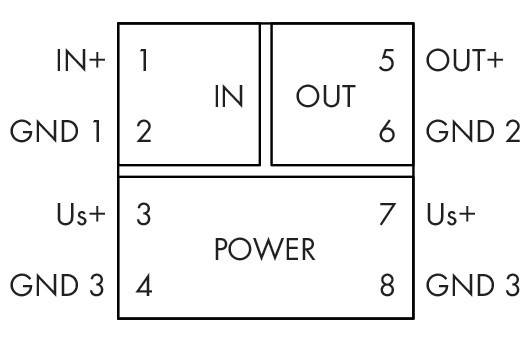 Diagramm zur Darstellung eines Stromverbindungslayouts. 'IN'-Pins: 1, 2; 'OUT'-Pins: 5, 6; 'POWER'-Pins: 3, 4; ungenutzt: 7, 8.