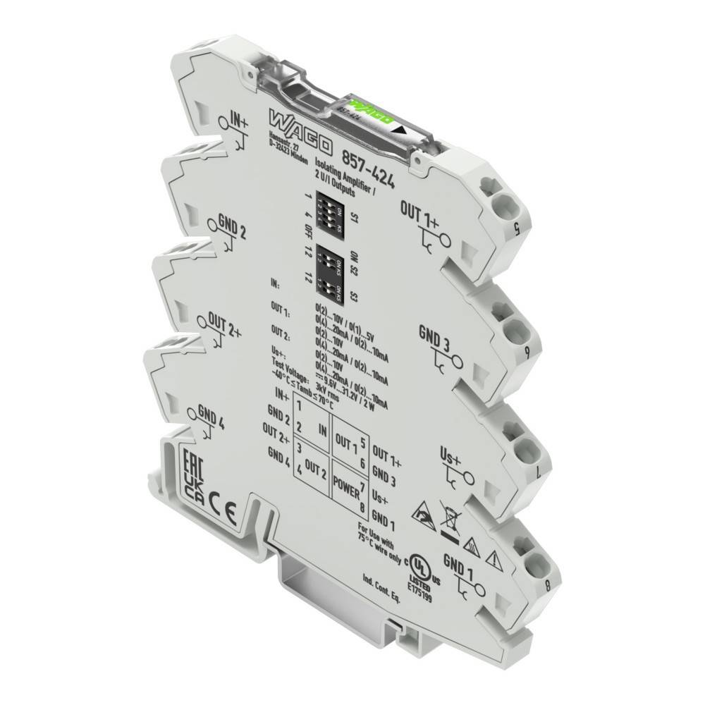 Ein weißes elektronisches Modul mit mehreren Eingabe- und Ausgangsklemmen, beschriftet mit IN+-, OUT+-, GND und US+-. Es zeigt eine Modellnummer '857-424'.