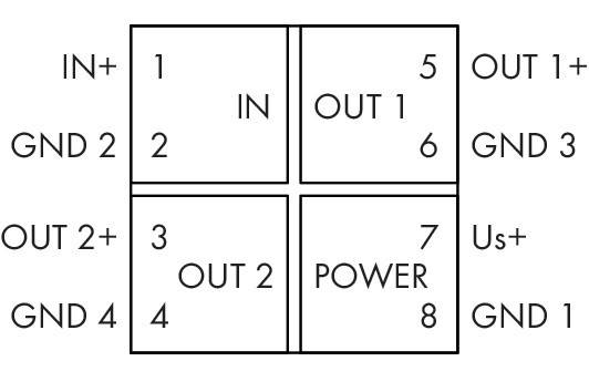 Diagramm einer 8-poligen Anschluss-Belegung: vier Pins links beschriftet mit 1, 2, 3, 4 (IN, OUT 2); vier Pins rechts beschriftet mit 5, 6, 7, 8 (OUT, POWER).