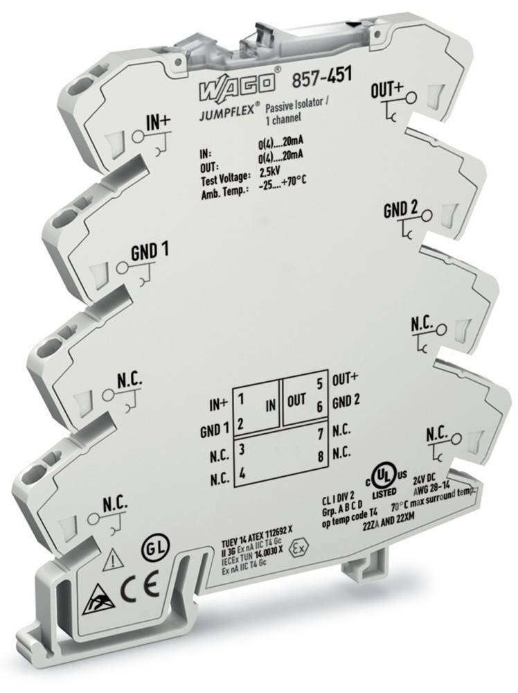 Ein grauer, keilförmiger elektronischer Isolatormodul mit Eingabe-/Ausgabelabels, technischen Spezifikationen und Zertifizierungssymbolen auf seiner Oberfläche.