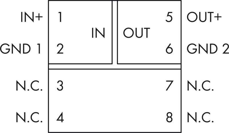 Pinout-Diagramm für ein Dual-Channel-Gerät: linke Seite IN+ Pin 1 und GND 1 Pin 2; rechte Seite OUT+ Pin 5 und GND 2 Pin 6; Pins 3, 4, 7 und 8 sind N.C.