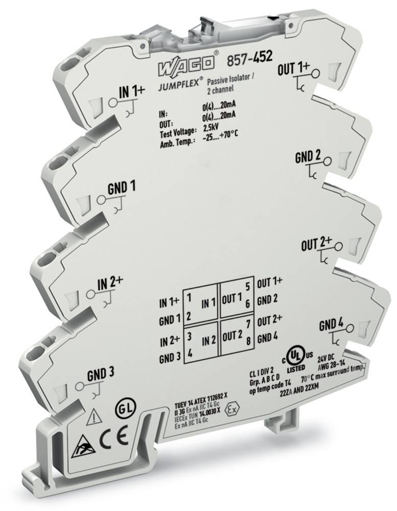 WAGO 857-452 passiver Isolator mit vier IN- und OUT-Anschlüssen, beschriftet und mit GND verbunden, mit technischen Markierungen und Zertifizierungen.