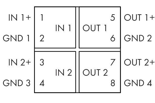 IN 1' und 'IN 2' Eingänge werden mit 'OUT 1' und 'OUT 2' Ausgängen in einem 2x2 Raster-Layout verbunden, wobei den Segmenten die Nummern 1-8 zugewiesen werden.