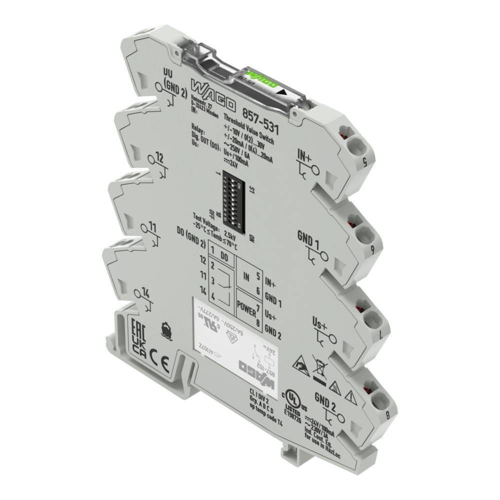 Ein grauer WAGO-Signalkonditionierer des Modells 857-531 mit mehreren Anschlussklemmen und technischen Spezifikationen auf dem Gehäuse.