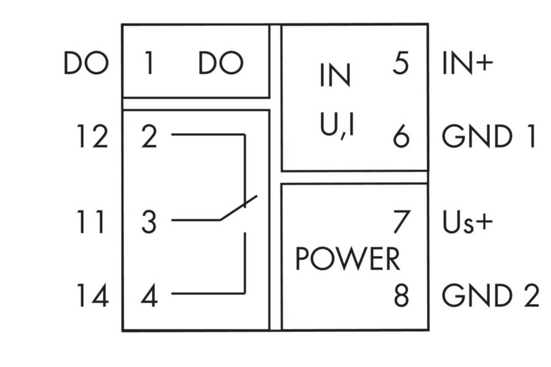 Diagramm der elektrischen Verbindungen: 'DO' ist mit den Kontakten 1 und 2 verbunden; 'IN U,I' mit 5 und 6; 'POWER' mit 7 und 8.