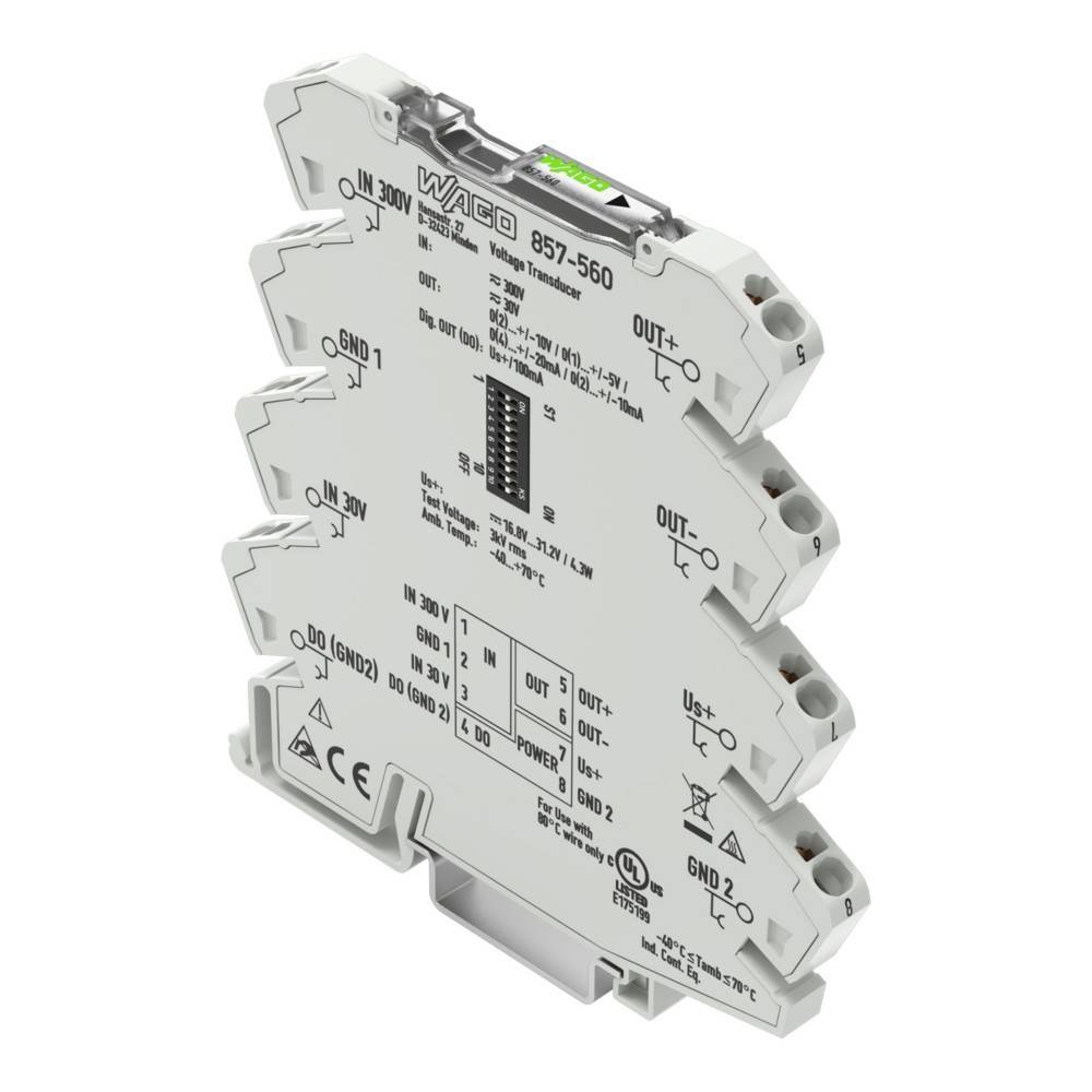 Ein elektronisches Modul mit beschrifteten Anschlüssen und Schaltungsdetails, das für Steuerungs- oder Schnittstellenanwendungen in industriellen Umgebungen verwendet wird.