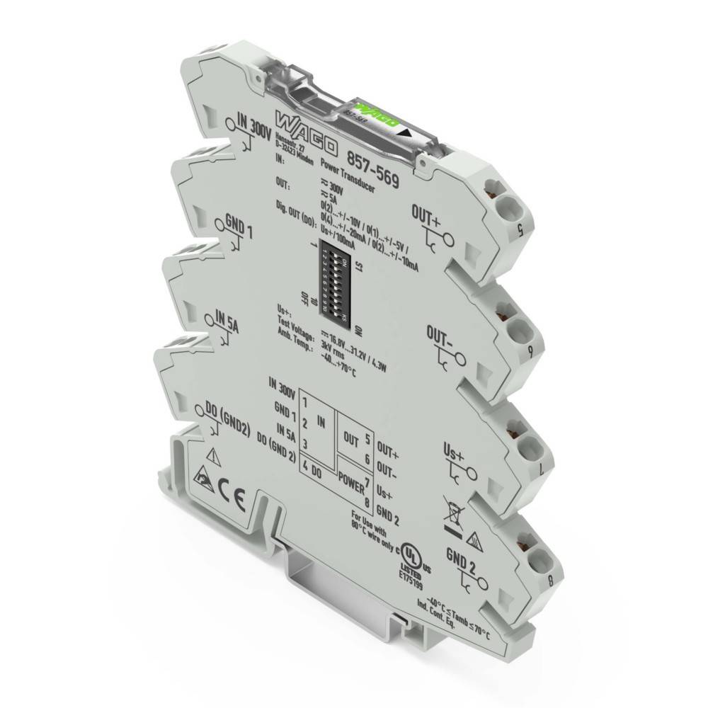 WAGO 857-569 Strommessmodul mit mehreren Anschlussports und technischen Spezifikationen, die auf der Oberfläche gedruckt sind.