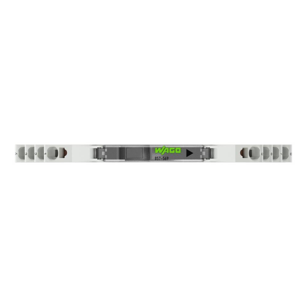 Eine Nahaufnahme eines Wago 857-569 Verbindungsstücks in einem schmalen, rechteckigen Gehäuse mit einer mittig platzierten Beschriftung, die den Produktnamen und die Modellnummer zeigt.