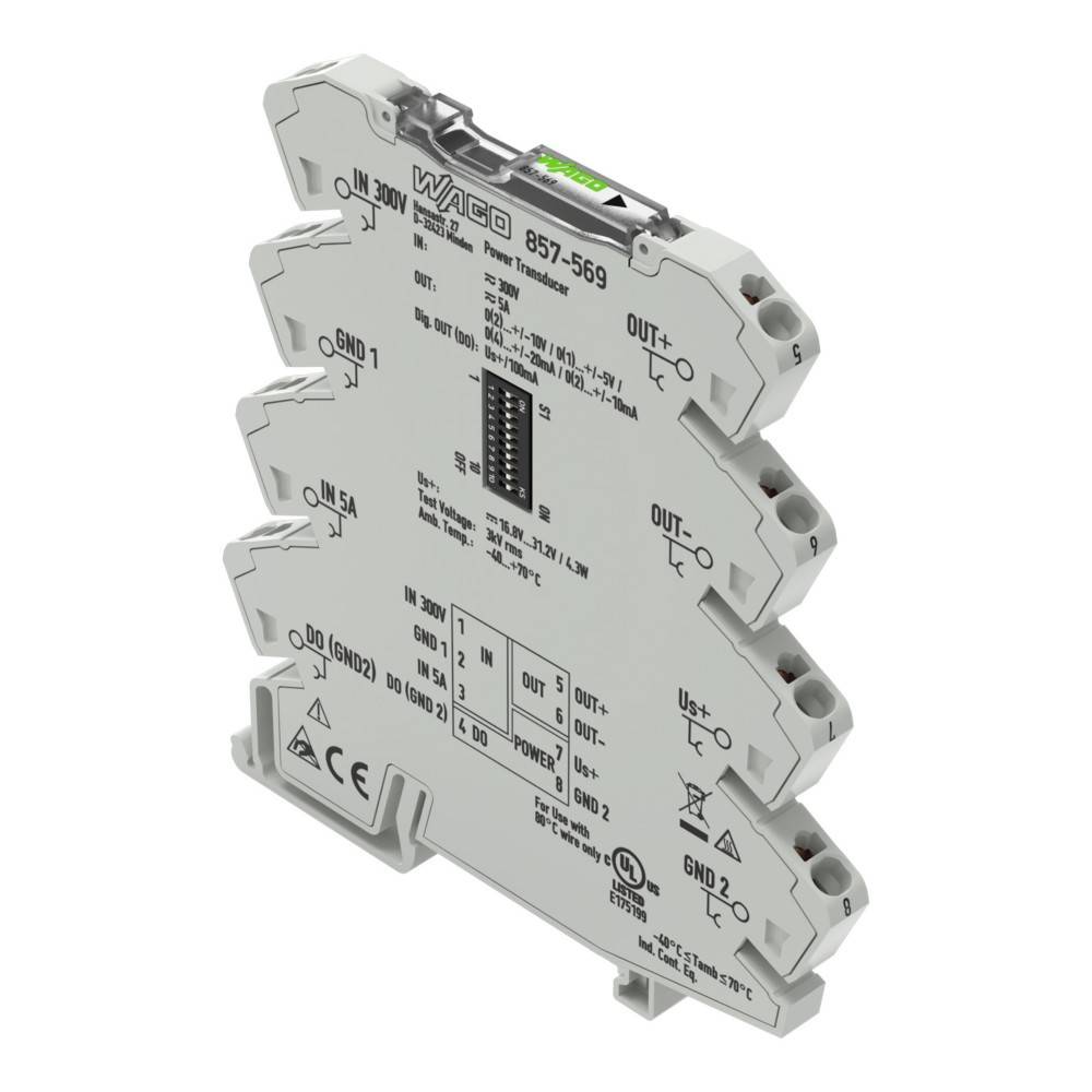 Graues WAGO 857-569 Industrie-Elektrosignal-Konditionierungsmodul mit gekennzeichneten Ein- und Ausgangsklemmen, isoliert auf Weiß dargestellt.