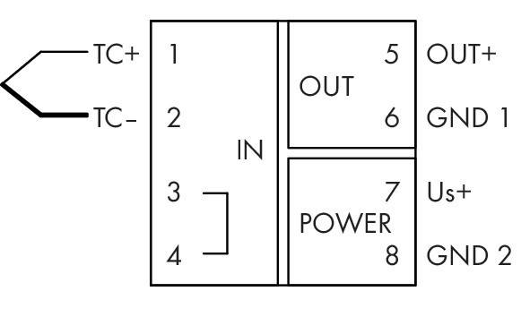 Diagramm zur Pinbelegung eines Geräts: 1 und 2 beschriftet als 'TC+', 'TC-'; 3 und 4 beschriftet als 'IN'; 5 beschriftet als 'OUT'; 7 und 8 beschriftet als 'POWER'.