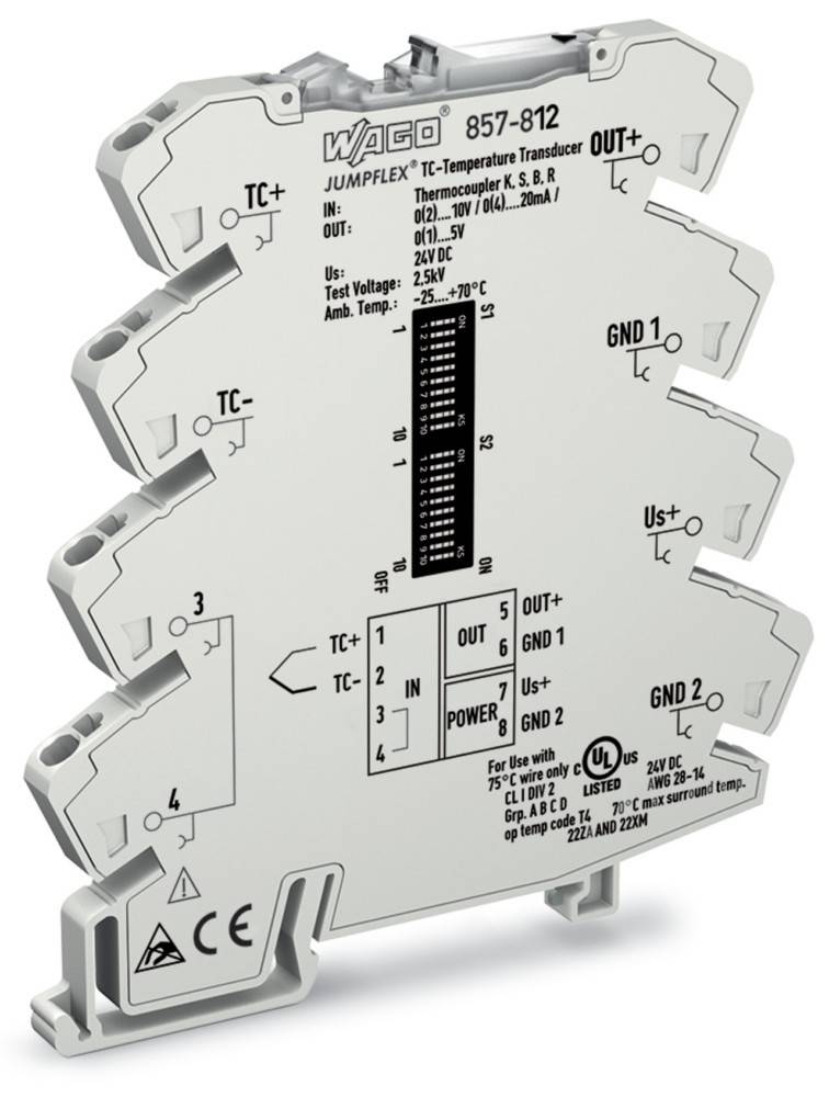 Ein grauer Jumpflex TC-Temperaturtransmitter mit beschrifteten Eingangs- und Ausgangsklemmen für Thermoelement-Typen und Umgebungstemperaturangaben.