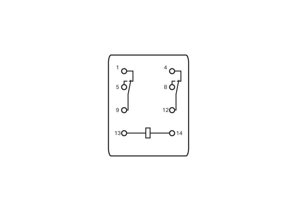 Diagramm eines Relais-Schalters mit zwei getrennten Stromkreisen. Jeder Stromkreis hat Kontaktpunkte, die mit 1, 5, 9 bzw. 4, 8, 12 beschriftet sind. Die Anschlüsse 13 und 14 verbinden beide Stromkreise.