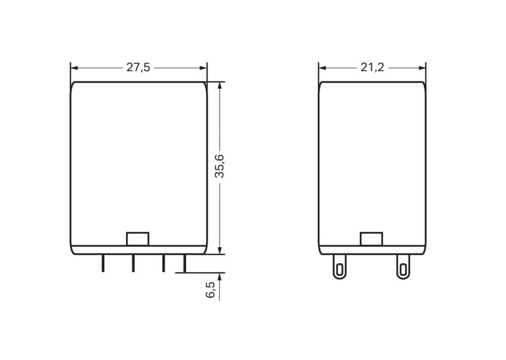 Eine technische Zeichnung, die die Abmessungen einer elektrischen Komponente zeigt: 27,5 mm Breite, 35,5 mm Höhe und 21,2 mm Tiefe mit einer Anschlusslänge von 6,5 mm.