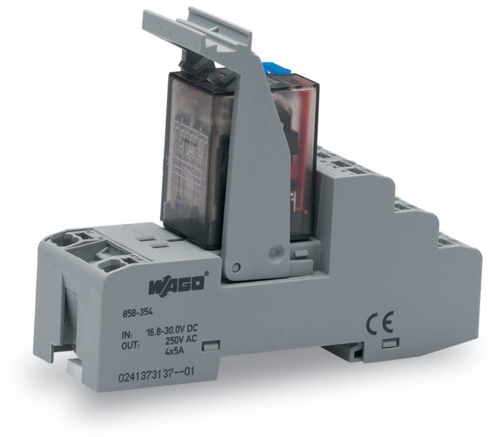 Ein grauer elektrischer Relais mit dem WAGO-Logo. Er zeigt Eingabe-/Ausgangsspannung und Stromstärken (16,8-30,0V DC, 0,2-5A).