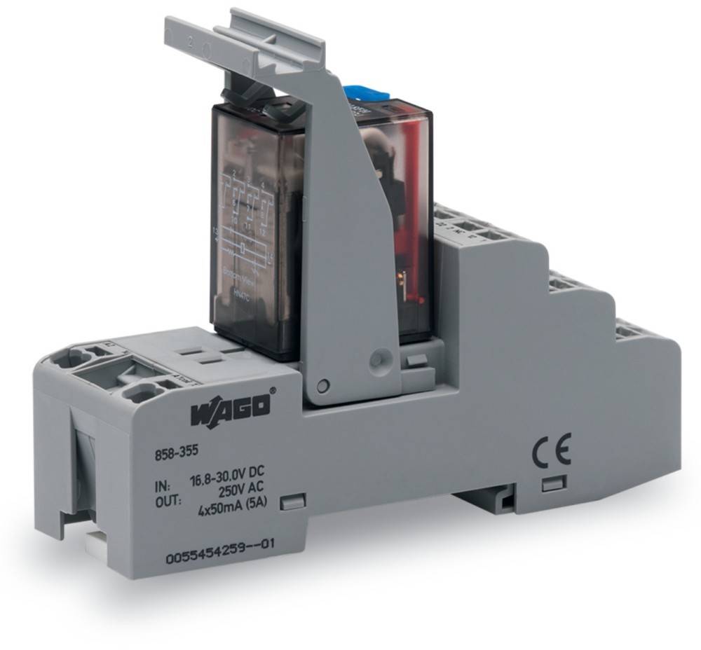 Relaismodul mit Hebel für einfaches An- und Abschließen, mit der Bezeichnung 'WAGO'. Ausgelegt für 250V AC, 16-30V DC, 5A. CE-gekennzeichnet.