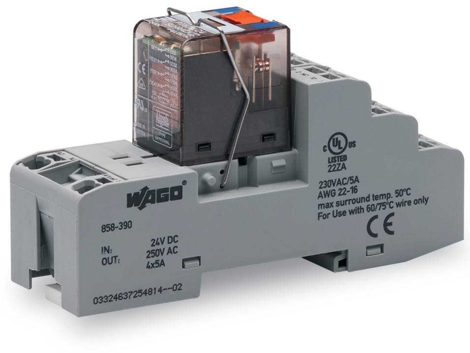 Ein industrielles Relaismodul mit 'WAGO' Markierung, Spezifikationen: 230VAC/5A, 24V DC. Merkmale umfassen ein transparentes Gehäuse und detaillierte Verdrahtungsinformationen.